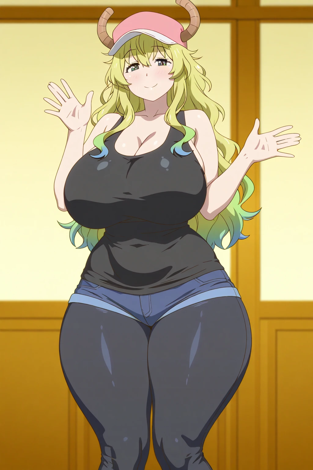 masterpiece, perfect lighting, (beautiful, best quality:1.3), perfect eyes, absurdres, 8k,
1girl, solo, (absurdres), finely detail, smile,
lucoa_quetzalcoatl, multicolored hair, closed eyes,
intricate,(full-body-shot:0.5), (dynamic angle:1.2), (dynamic pose:1.2),
dragon horns, dragon girl,  large breasts, multicolored hair, blonde hair,
dress, (short dress:1.3), gold necklace,