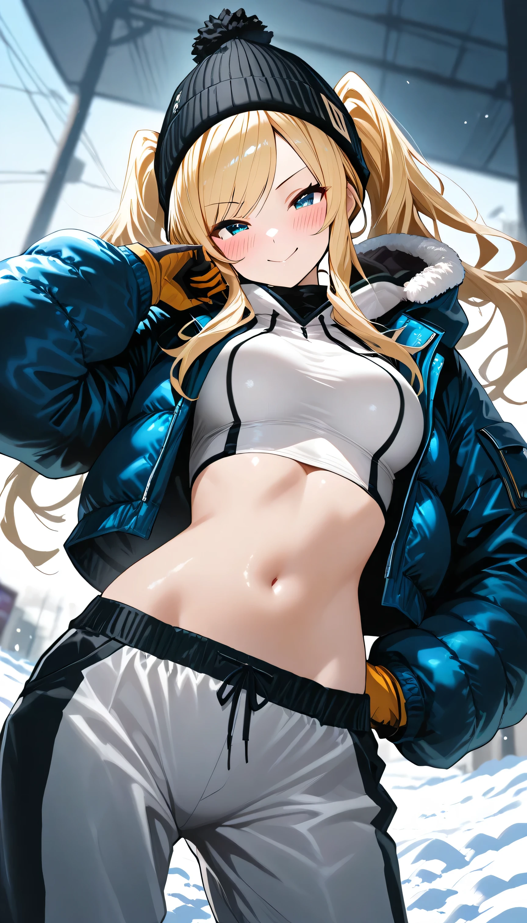 (best quality, masterpiece, ultra detailed, high resolution), Beautiful 8K CG artwork, Enriched photography, anatomically accurate body, depth of field,  1girl, mariarose, elegant yet sexy girl, (long hair, blonde hair, swept bangs, twintails), 
round medium breasts, breasts together, sexy yet lewd large hips, skinny shape, (skindentation:0.7), perfect waist to hip ratio, fully clothed, , (erected nipples under-clothed:0.65), 
BREAK
sensitive, perfect composition, cinematic shadows, 
detailed face, cute face, detailed eyes, shiny eyes, beautiful detailed skin, cheerful skin, shiny skin, detailed clothes, 
BREAK

1girl, solo, (blonde hair), (blush:1.3), (seductive smile), thick hoodie and a down jacket, wearing jogger pants and sneakers, playing in the snow. She is having fun in a snowball fight, accessorized with warm gloves and a beanie, capturing the essence of winter fun, sexy pose, bewitching pose, cowboy shot, from {front|side|below}, 

BREAK
{1::from front , {3::looking at viewer|1::looking away}|6::(three quarter view:{3::0|2::0.2|1::0.6|1::1})}, {(from below:{0.6|0.4|0.2})|straight-on|(from above:{0.2|0.3|0.4})}, (dutch angle:{3::0|1::0.2|1::0.4})