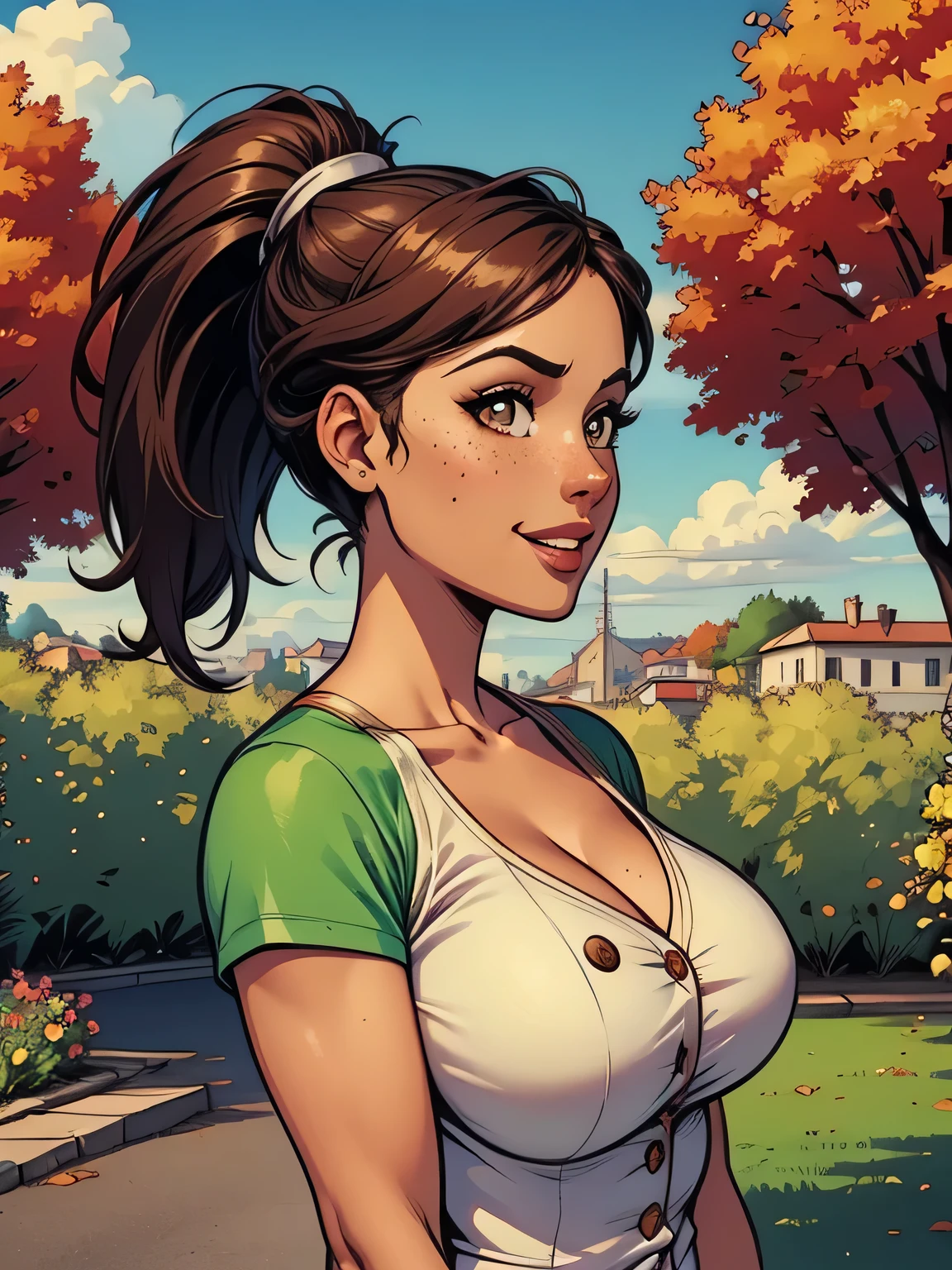 Thin woman, beautiful smiling, green v-neck t-shirt, brunette skin, brown hair with ponytail, eyes browns, busty. comic style.