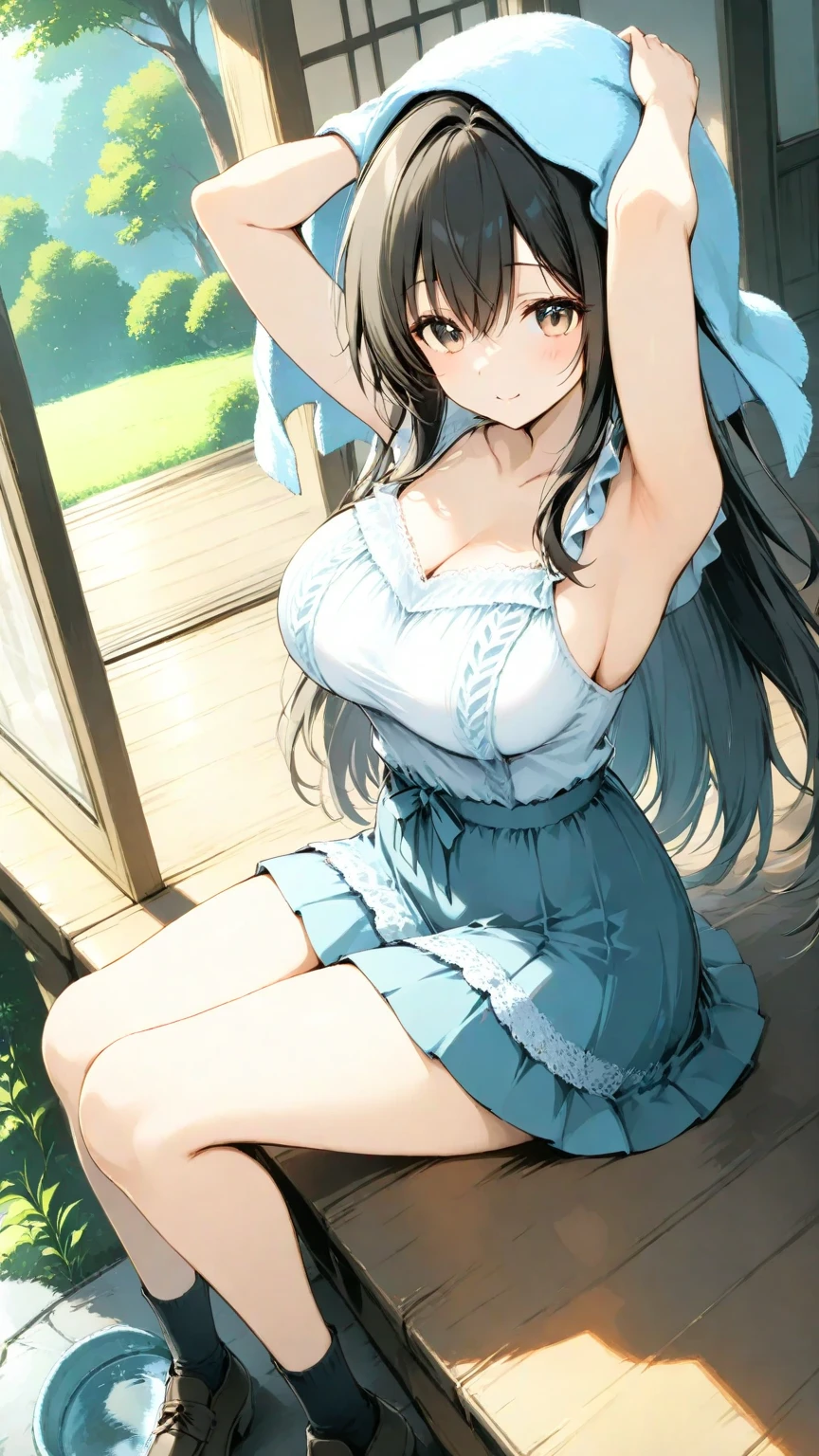((Masterpiece)), (Best Quality), ((Super Detail)), (((((watercolor speedpaint Illustration))))), ((Very Delicate and Beautiful)), ((solo)), Dynamic Angle, Looking at viewer, anime moe artstyle, ((enigmatic and motherly)), ((Cerulean Blue eyes)), tanned skin, (((Deep Chocolate Brown hair with orange highlights))), ((Hime Cut hair)), (Floor Length Hair), ((Twin pitch black demon horns)), (otherworldly), exceptionally beautiful, (((plump))), (big breasts), ((curvy)), (((voluptuous))), (ethereal spirit), ((Lacy Yellow Camisole), ((Red and Black Checkered Skirt)), (Camisole with White Trim), ((Mommy)), (high quality), volumetric lighting, ((spiritual plane)), ((((ethereal background))))