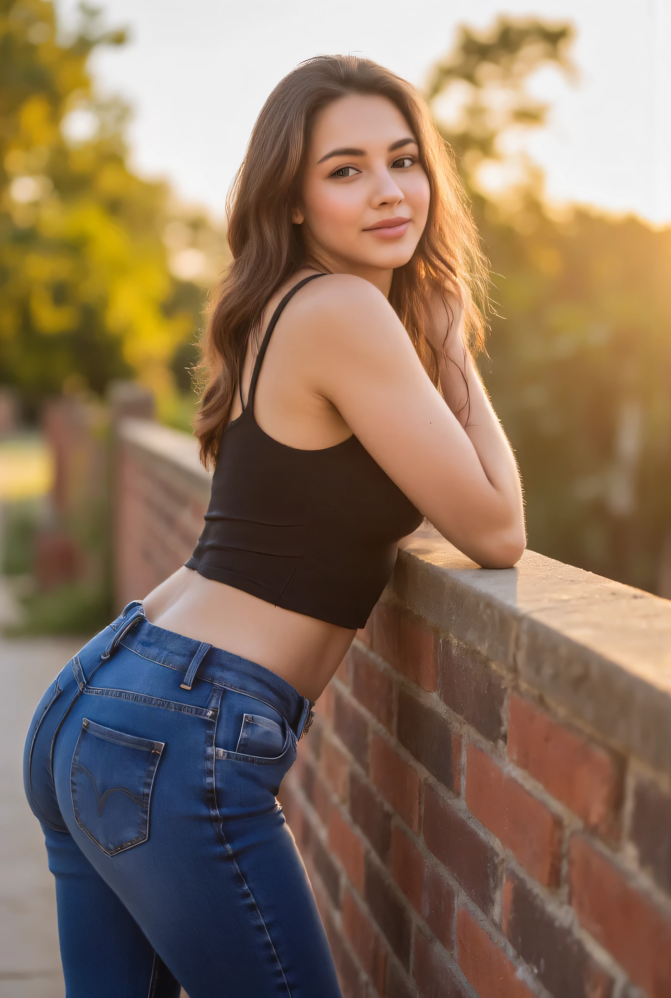 Close up of the butt, fisheye camera, photo of a beautiful smiling brunette girl wearing tight jeans, (big ass:1.5), bend over and leaning forward on a small brick wall accentuating her perfectly shaped ass, messy long brown hair, slim body, small waist, bend over posing for a picture. Her outfit stand out from background, depth of field, gyat, wearing white shoes, her bend over pose is accentuating her perfectly shaped ass, natural style, small waist, behind view, cinematic warm lighting, sunrise, sexy, 8k, 8k extremely detailed), (an extremely detailed, delicate and beautiful image), (masterpiece), (best quality: 1.0), (ultra high resolution: 1.0), perfectly round big ass in leggings that accentuate her perfectly shaped ass and create depth of view