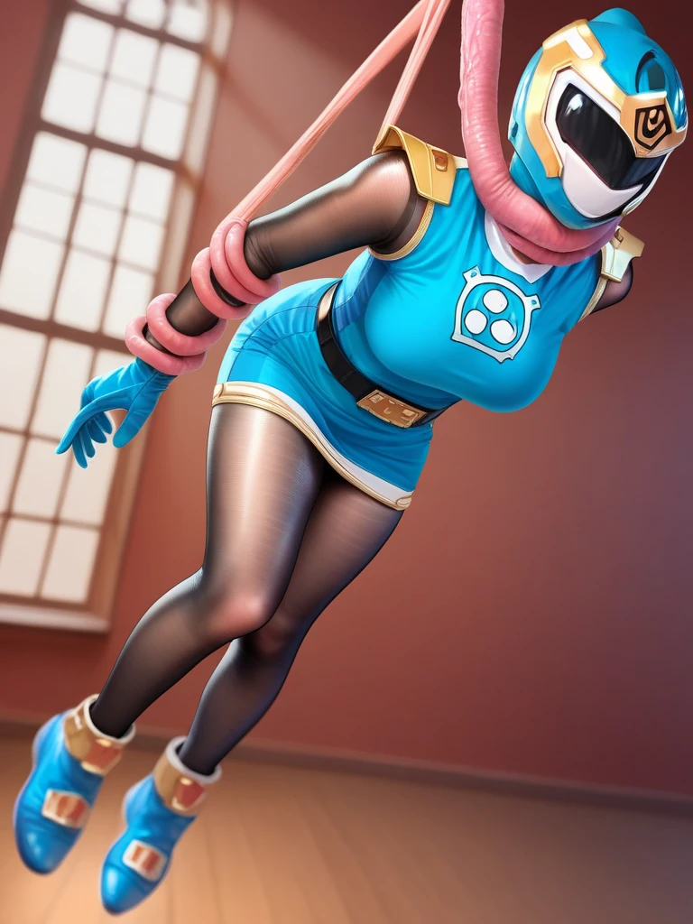 (best quality, masterpiece, RAW photo,ultra-detailed:1.2), 1girl, solo, ((Hurricane Blue outfit, belt, gloves, helmet, blue spandex vest, sunglasses, blue boots, blue skirt, gray leggings, white gloves)), small breasts, breasts have milk, (((spread legs:1.1))), nsfw, ((being attack by rope in a dark room)), ((wet panties)), ((droplets)), creampie,raise hands , squirt to body, ropes wrap around body