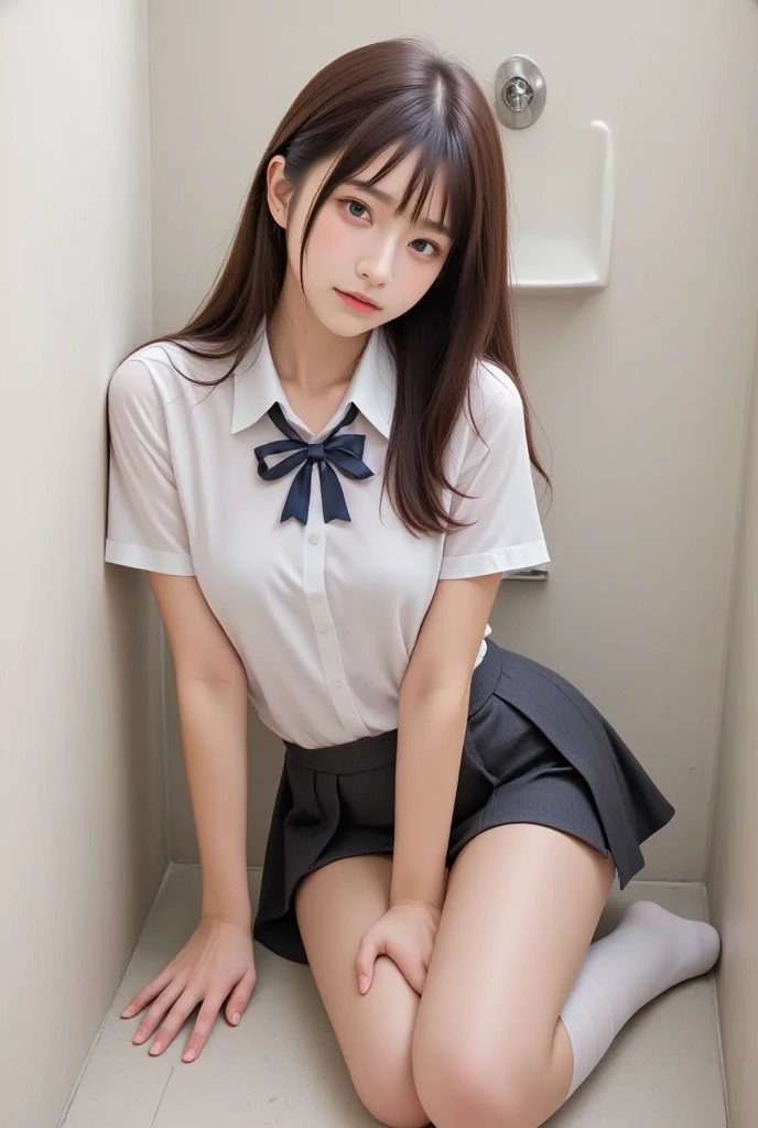 wearing short skirt、Alafid asian woman wearing bow tie sitting on train, cute schoolgirl, japanese schoolgirl, wearing japanese school uniform, japanese school uniform, a hyperactual schoolgirl, Dress up as a schoolgirl, hyperactual schoolgirl, Wearing school uniform, actual , girl wearing, Wearing school uniform, A pose, whole body, Good skin, glowing skin, beautiful thighs,glowing thighs, Glowing legs, (())