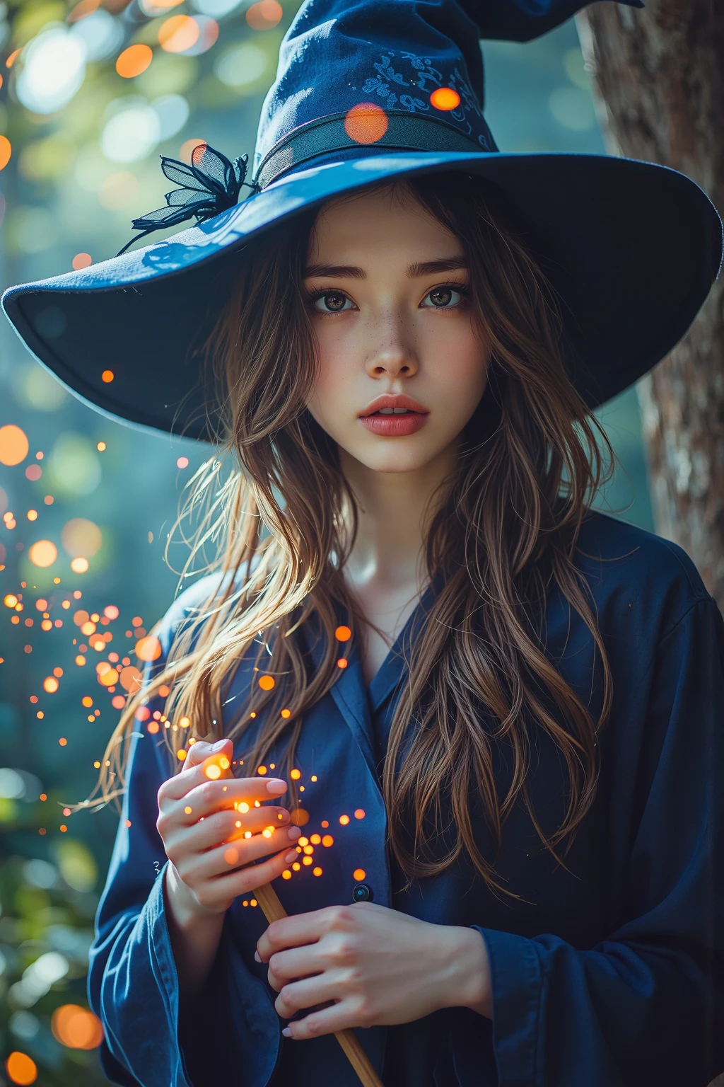 ray tracing z pass bright light from below, (masterpiece) (best quality) (detailed) (8k) (cinematic lighting) (sharp focus) (intricate) lora:add_detail:1,
1 girl, adult (elven:0.7) woman,  grey eyes, auburn hair flaps,
looking down, solo, upper body, detailed background,   witch hat, witch, magical atmosphere, hair flowing in the wind, blue trimmed dark colored clothes,    glowing elemental streams in the air, swirling portal, dark magic, (style-swirlmagic:0.8), floating particles, rustic forest hut background, updraft,  dim light,