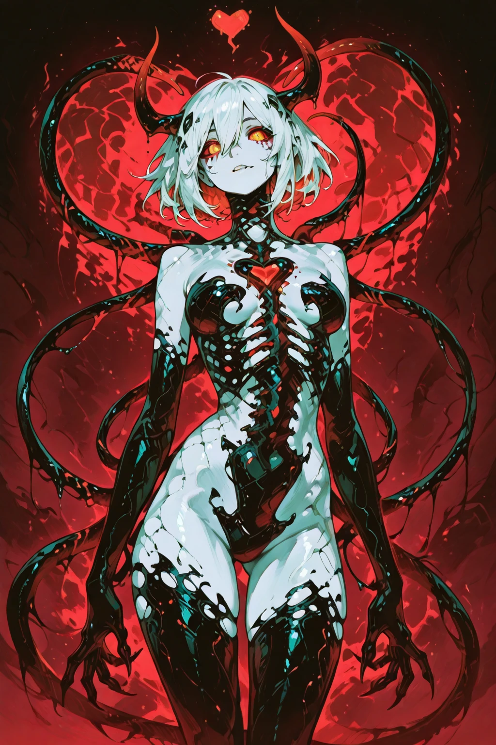 ((Best masterpiece, Perfect quality, Ultra detailed)), ((Grotesque, Fleshy, Parasitism)), ((Wounds, Cysts, Blisters, Tumors, Organs, Spines, Mucus)), A skinny girl, With small breasts, With light gray hair, With worn out fabric, She was parasitized. Chrysalises are writhing inside her body. Scratched body, Teared skin, Decayed limbs, Bloody wounds, Lacerated cheek, Parasites, Larvas, Infection, Infesting, Surrendered, Corrupted