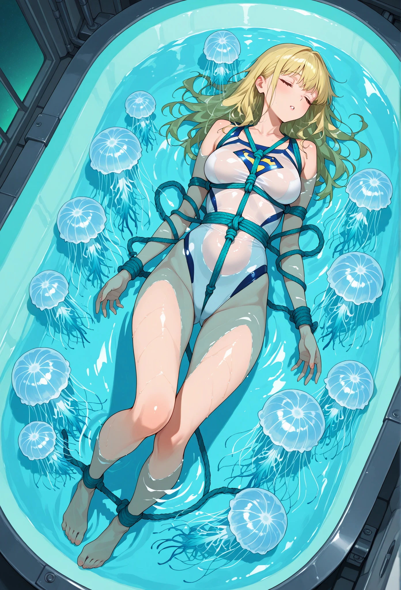 full-body close-up, create an elegant atmosphere), barefoot on water, sleeping on waterbed ((top-quality)), cammy, Olive Drab leotard, Red beret, Beautiful skins, Beautiful belly, hips up, sweet,
