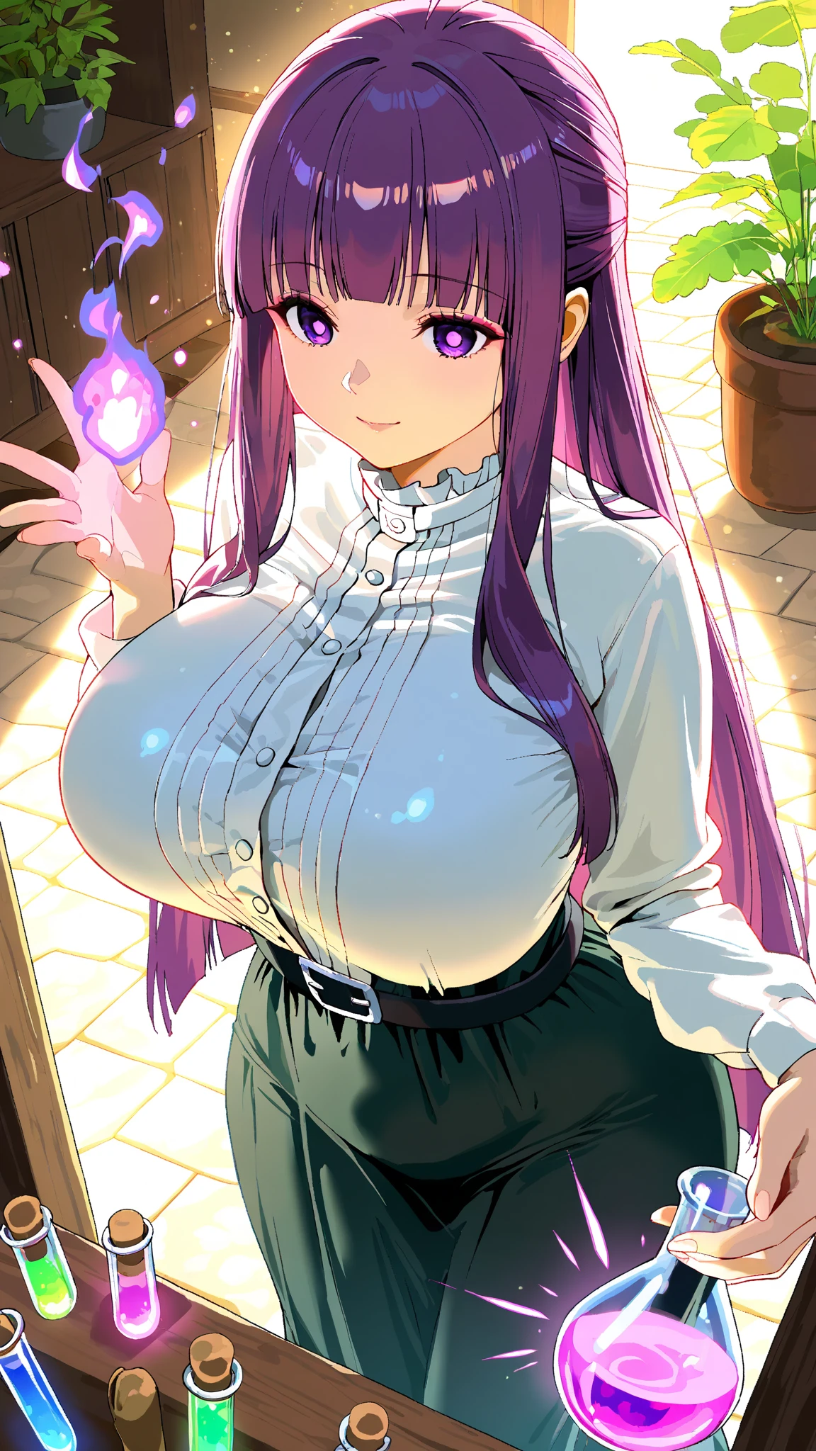 masterpiece, best quality, extremely detailed, 1girl, milf, solo, (dark skin, brown skin:2), Mizore Shirayuki, (huge breasts:1.4), ((((purple hair), long hair, blue eyes, slit pupils))), parted lips, (((plunging neckline dress, pantyhose))), ((light smile), closed mouth), ((casino))