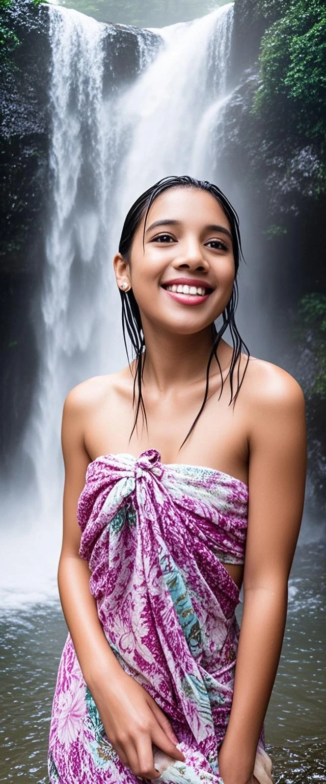 8k, beautiful mixed girl with wet long slightly wavy hair, Lily flowers in the mouth, extremely detailed body and lips, smile, sweet chest, beautiful , sexy Long white dress , Under a waterfall, A flower in the mouth, Hold your hair, Backache, lots of plants, Rocks, Nature, (best quality,4k,8k,highres,masterpiece:1.2), ultra-detailed,(realistic,photorealistic,photo-realistic:1.37),portrait,landscape,vivid colors,bokeh