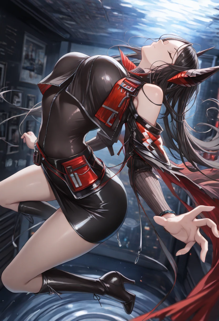 (Fantasy-Stil), (Anime), ((extremely detailed 8K illustration)), highres, (Extremely detailed and beautiful), ultradetaillierte Malerei, professionelle Illustration, Ultra-precise representation, Ultradetaillierte Darstellung, (Beautiful and aesthetic:1.2), hdr, (depth of field:1.4), (Ninja Girl), pretty face, beautiful eyes, schwarze Augen, dunkelviolettes Haar, Hair above the eyes, viele Farben, geteiltes Haar, lange Haare, hoher Pferdeschwanz, thin pubic hair, Scham-Tattoo, Oily skin, Bodystocking, Netzstrumpfhosen, (schwarze Maske:1.2), light armor, (ninja master:1.2), (Kampf),