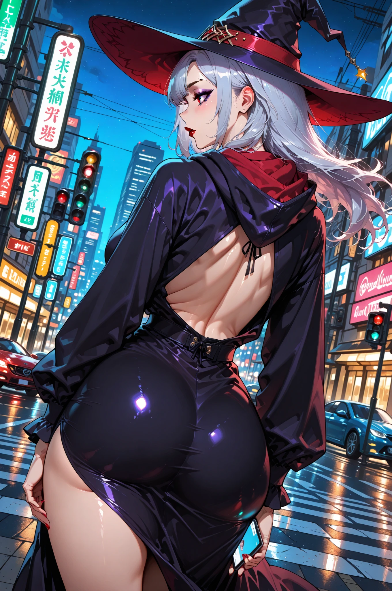 ((1girl)),((alone)),rebecca \(cyberpunk\),(masterpiece), (best quality), (ultra detailed), (best illustration), (best shadow), (absurdities), sharp focus , cowboy shot, atmospheric perspective, depth of field, dynamic posture, ((looking at viewer)), small breasts, narrow waist, wide hips, medium thighs, round butt, erotic, romantic, (highly detailed eyes, lips 1.1) , very detailed eyes, eyes, Very detailed face, Very beautiful face, Symmetrical face, Aesthetic face, perfect face, perfect eyes, detailed eyelashes: 1.5), full height, beautiful slim figure, femininity, expressive appearance, elastic small breasts, sexuality ,parted lips,twin tail, headband, mechanical eye, colored sclera, red sclera, colored skin, white skin, tattoo on leg, tattoo on neck, aqua green hair, long hair, underwear, black bra, fangs, pupils red, yellow iris, fur fangs, red eyes, black jacket, open jacket, long sleeves, bare legs, curves, defined body, perfect and beautiful body, perfect and beautiful, closed mouth, mocking smile, mocking grimace, (sexy pose : 1.2), ((solo)), standing: 1.3,((exterior, cybeppunk landscape, cityscape, cybeppunk city, neon lights, night, city lights)), Looking back ,from behind,((centered on the ass:1.4)), point of view: (from below), perfect anatomy, perfect hands