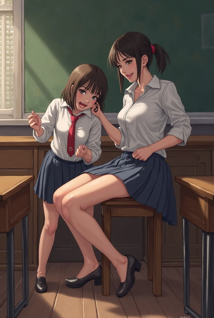 There is a woman wearing a red jacket and a woman wearing a pink top., Tifa Lockhart, ayami kojima and lyde caldwell, 3 d anime realistic, various seducing poses, chun li at the gym, Locker Room, Tifa, various seducing poses, Smooth Anime CG Art, realistic anime 3 d style, corporal punishment、beautiful thigh