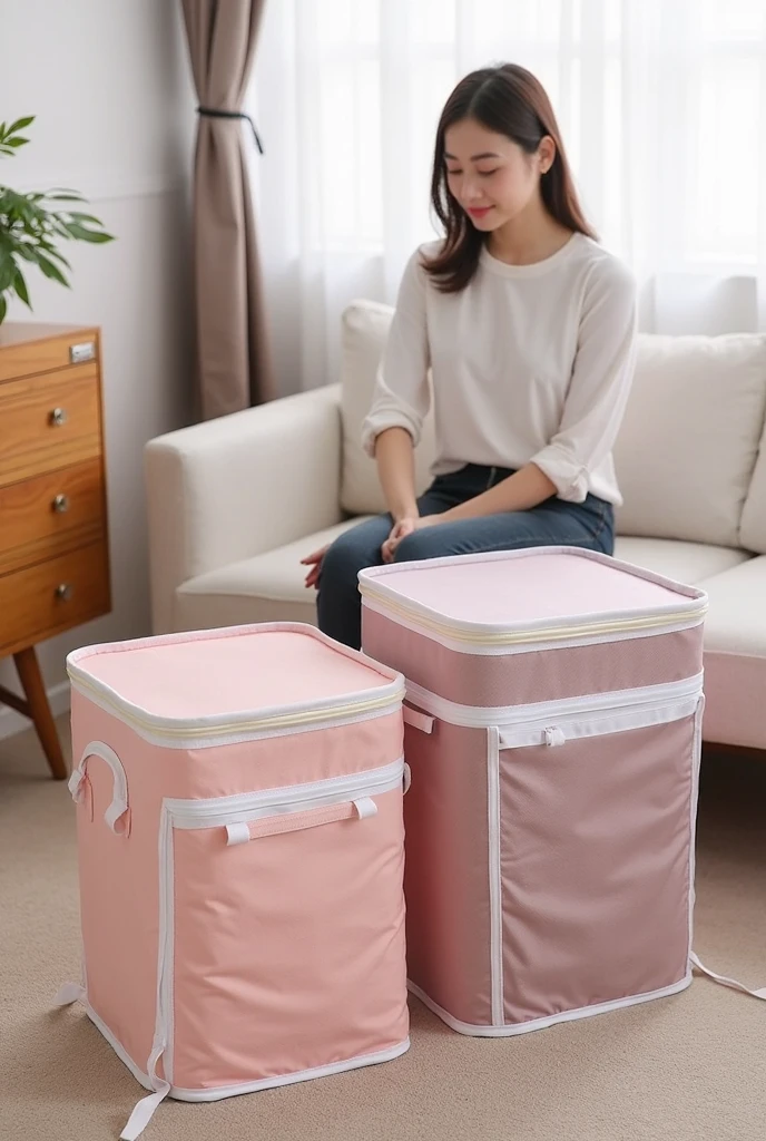 Woman sitting on the floor,There is a suitcase in front of him, designed for cozy aesthetics!, easygoing, in suitcase, easy to use, Kemono, bottom angle, ad image, bags, sleeping bag, product introduction photos, rendering, powerful detail, promo image, portrait shot, cute huge pockets, deluxe, handsome,,,, exploitable image, bag