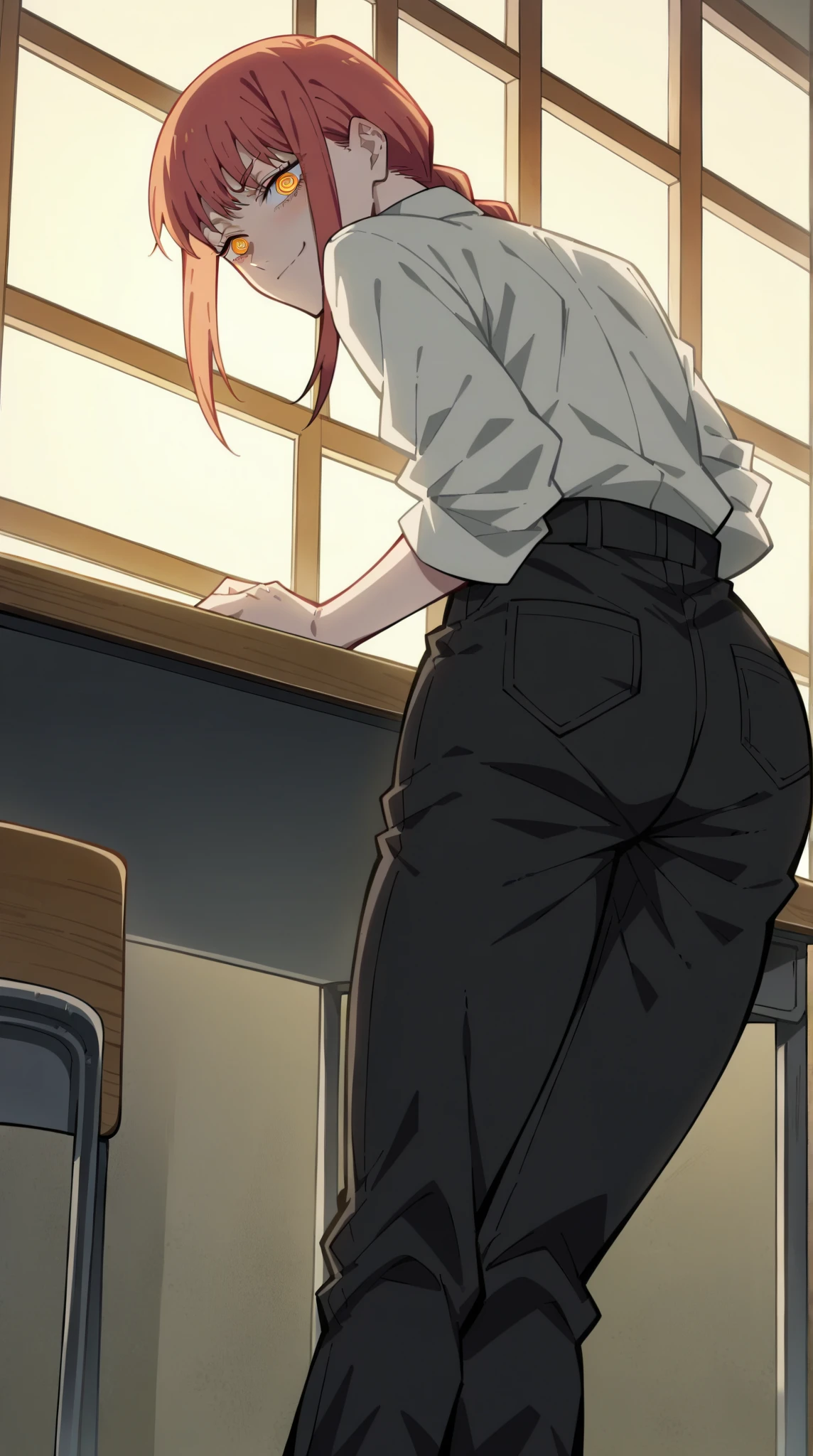 College boy. Boy. Male. Short hair. He is a handsome man, very disciplined and studious. He has a slim toned body and a thick rear, wears a green short short, making his voluminous large ass stand out. Orange crop top. Black messy hair. High quality. Bending over, leaning, rear pointed at camera, looking back. Gaming room.