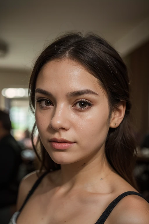 Draw a picture of a Latina woman from Colombia, apresentando: * Cabelo preto longo e escuro que cai pelas costas * An asymmetrical face with a unique and striking bone structure * Brown eyes that add warmth and depth to your features *