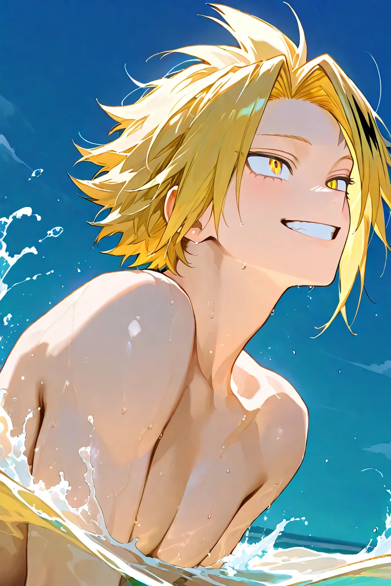 Score_9, score_8_up, score_7_up, source_anime, ikuchan, looking at viewer, American flag bikini, beach, licking lips, biting own lip, hellsing, seras, blue eyes, blonde hair, short hair,