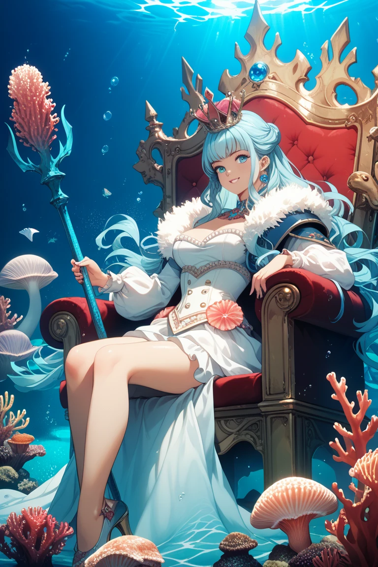 drawing of a stylish woman, sitting in cair, queen of the sea mu yanling, sitting in his throne underwater, goddess of the mountain, real photoshoot queen of mountain, ursula the mountain witch, goddess of the mountain, mountain queen, lamia, serpentine water monster, big breast, blue skin