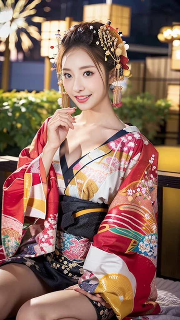 (Detailed skin:1.2),(Shiny skin:1.1),8K,Highest quality, masterpiece, Ultra-high resolution,(Realistic:1.4), RAW Photos,(Soft saturation:1.3),(Fair skin:1.2),Half-Japanese beauty,repair,20 years, Light brown hair, （Up-Hairstyles:1.2), Asymmetrical Hair, (Pretty face:1.4), (Large Breasts, Tight waist), Beautiful lighting, (Sexy Oiran:1.2,),Highly detailed face, Highly detailed lips, fine grain, double eyelid, （Sharp focus: 1.2）, （Perfect Anatomy),(Beautiful woman with perfect figure: 1.2）、Exposing cleavage、Random sexy poses，(Accentuate your leg lines:1.2)、kimono、Sharp Eyes,smile、perfect finger