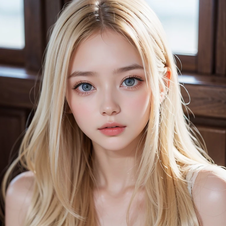 Shiny, Beautiful white skin、Hair color changes with light、Long bangs obstruct the view、Cheek gloss highlighter、Sexy and very beautiful, Ladylike, cute, Gorgeous face、The most beautiful face in the world、The most beautiful super long blonde hair in the world、Smooth, Straight Hair、Bright light blue eyes, lighting equipment、Beautiful pony、Beautiful 15 year old Swedish girl、Baby Face、Small Face Girl、Round face
