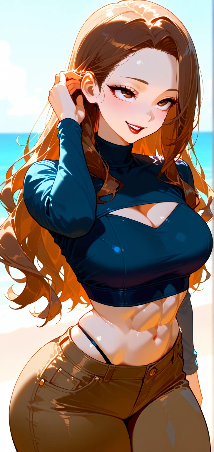 （tmasterpiece），one-girl，little breast，(Be red in the face)，light-blonde hair，Redlip，cleavage，(Off-the-shoulder attire:1.2)，(little breast)，(brassier:1.3)，Bust photo，looks into camera，sportrait，ssmile，denim pant，Fighting posture，sea beach，oranges，4k画质，The most beautiful face，White skin of the，Metallic clothing
