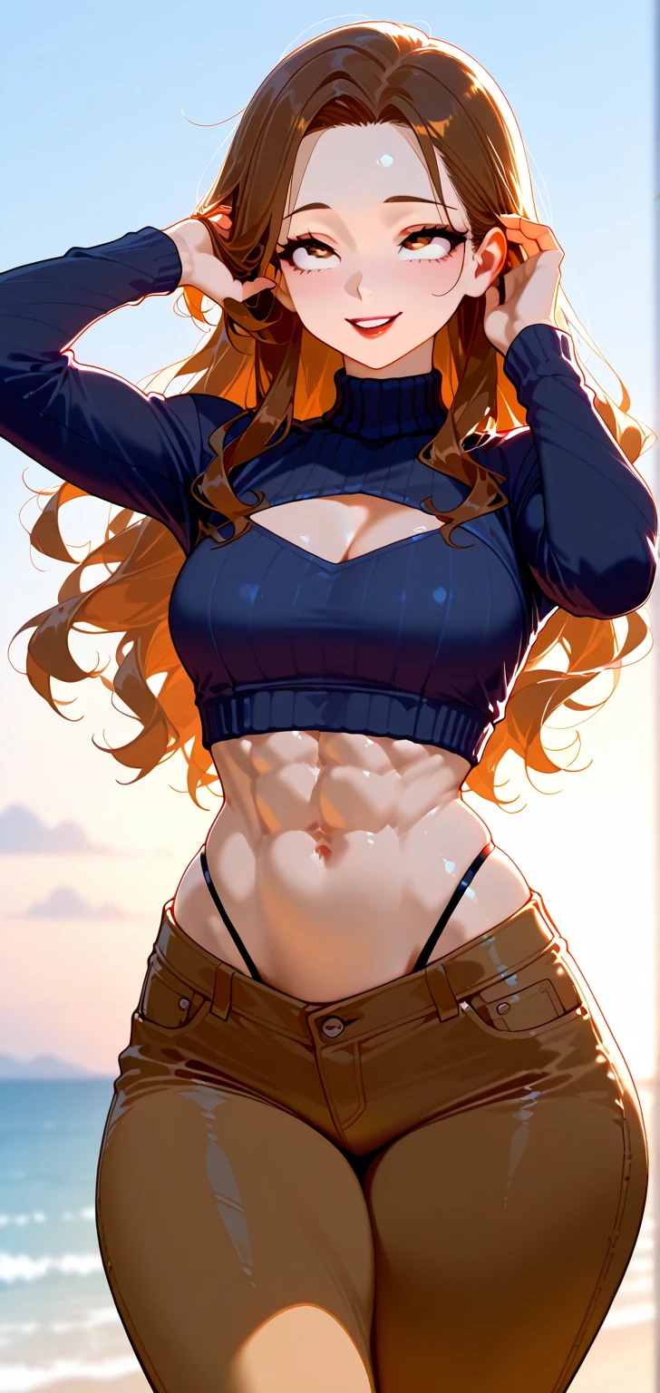 (Best Quality, 8K, 12),1 girl, giant breast, thick-thighs, Super wide hips, Huge ass, the perfect body, ultra detail face, excited eyes, seductive, brown hair, white sweater with slit, Red and black panties, backboob.