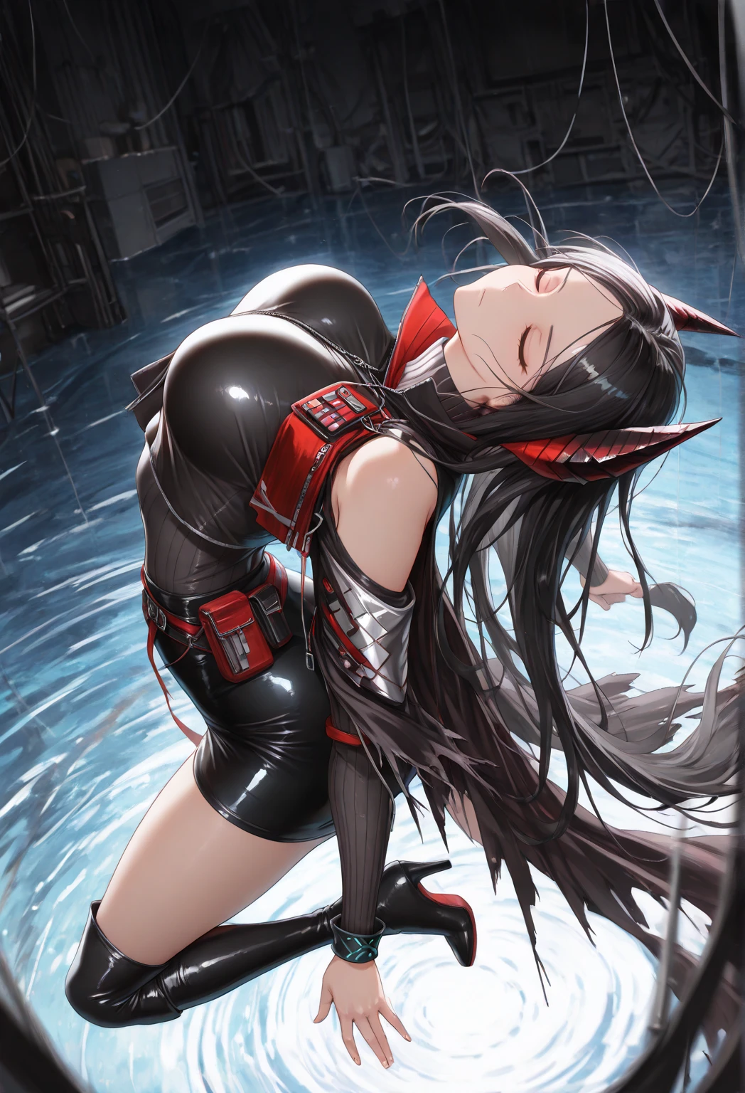 Akira,sitting,leather pants,back view,butt close-up