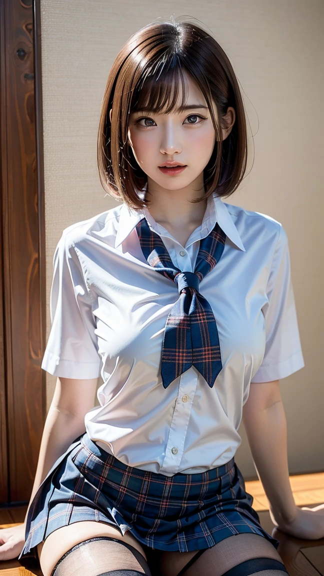 8K, Best quality, Real picture, Intricate details, Ultra-detailed, 超A high resolution, Depth field,(Photorealistic,Realistic:1.2),Masterpiece, 0.25 :: Close-up , straight shot , From miiddle ,1girll, 。.。.。.。.。.。.。.。.。.。.。.ai_Zen Buddhism, an extremely beautiful 17-year-old girl, innocent big eyes, (brown_short_Hair), (Green_Eyes:1.0),(Bangs Aviation),Disheveled hair,(hair pin), Perfect shiny skin, Flawless skin, Fair skin, Huge breasts, cleavage, Narrow waist, Light blush, Solo, view the viewer, Light smile,chubby under the clothes, Sweat,Wearing ((school_uniform), (White_Skirt),(Blue_Long_tie), (Blue_pleated_Skirt), (black_Pantyhose) :1.2), (Gravure pose :1.1),Sunset ,high school in Japan ,(jiayi:1.5), closeup cleavage, tmasterpiece, best qualtiy, RAW photogr, realisticlying, the face, Incredibly Ridiculous res, depth of fields, A high resolution, ultra - detailed, finedetail, The is very detailed, Extremely detailed eyes and face, Sharp pupils, realistic pupil, tack sharp focus, cinmatic lighting