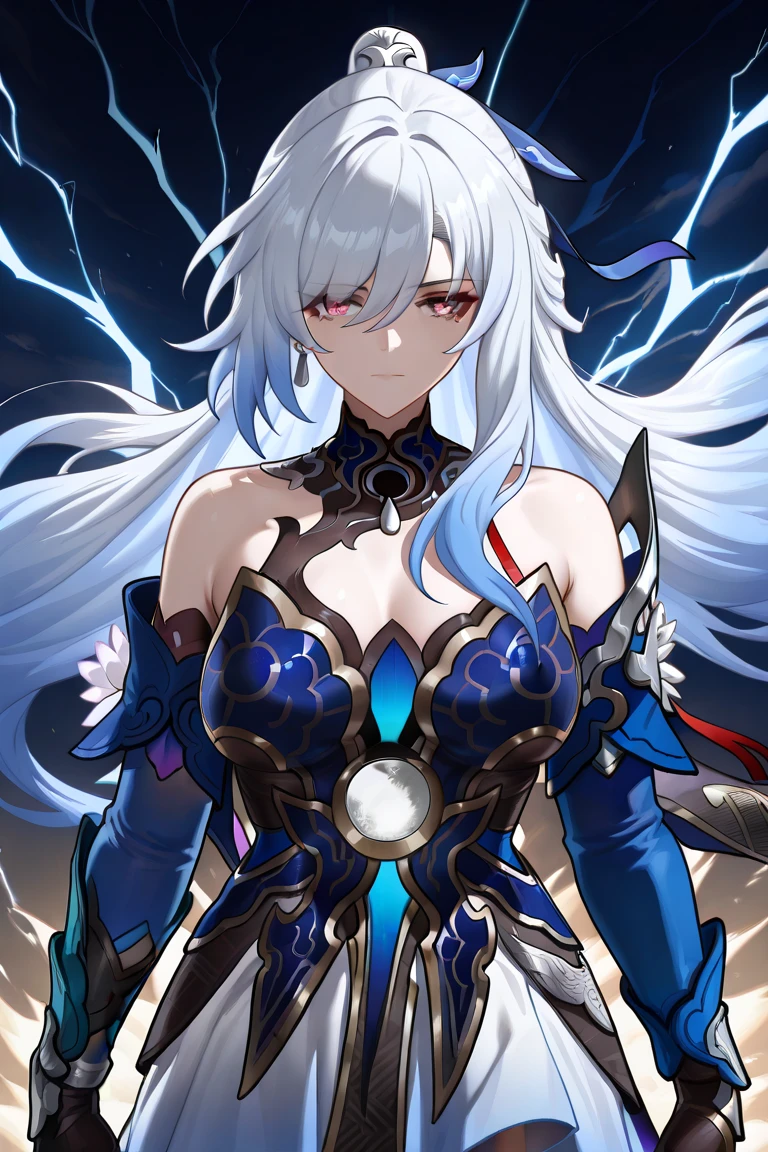 a heroic blue female Valkyrie with muscular biceps, has purple eye pupils, blue lightning flowing through her hands, wears platinum armor, (dynamic) (elegant) (beautiful)