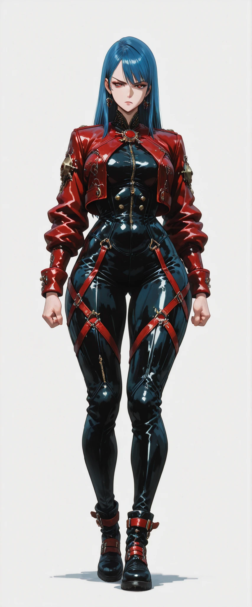 masterpiece, latest, very aesthetic, A very beautiful 28 year old adult woman, sexy body, curves, big legs 'Bayonetta' body style with a mixed oriental face, oriental features, straight hair with two side bangs on the face, cyberpunk style, blue hair and medium length, she is wearing post-apocalyptic cyberpunk style leather clothes, black military clothes, [[Black clothes]] she wears a red leather mini jacket with a high collar, she has military accessories on her legs, couldres, with some futuristic accessories, steampunk clothes, dark fantasy clothes, [[she is wearing combat boots]], anime features similar to the anime 'Vampire Hunter D Bloodlust', , rossdraws 2.0, high quality image, adult style anime, reminiscent of the anime of the 90s. 3 tones, serious look, high resolution, 3 color tones, cell tone, high contrast, no gradient, FRONT VIEW [[[ SHE IS IN THE FRONT]]] , [[Full body]] [[Image showing her entire body from head to toe]] [[Full body]]] , masterpiece, high resolution, anatomically correct, high quality, anime style drawing 'Fatal Fury', anime style drawing 'blade&soul'. anime lines, rendered in the style of the anime 'Vampire hunter D' [[White background]] [[The image is a character presentation, it shows her from the front and also from the side in the same image]]
