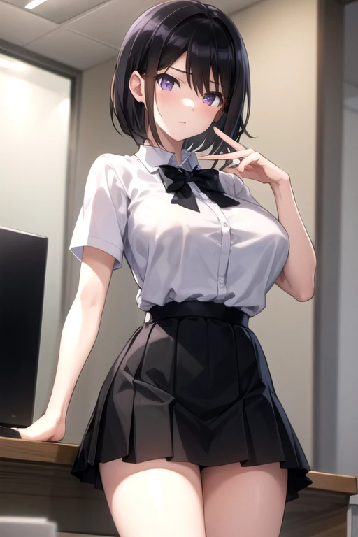 1girl, arm behind head, arm up, armpits, bare shoulders, black neckwear, black ribbon, blurry, blurry background, breasts, choker, curtains, day, hair between eyes, indoors, lips, looking at viewer, medium breasts, neck ribbon, open mouth, pool, poolside, railing, reze \(chainsaw man\), ribbon, shirt, short hair, skirt, sleeveless, sleeveless shirt, solo, web address, white shirt, window 
<lora:RezeCSM:1> purple hair, green eyes