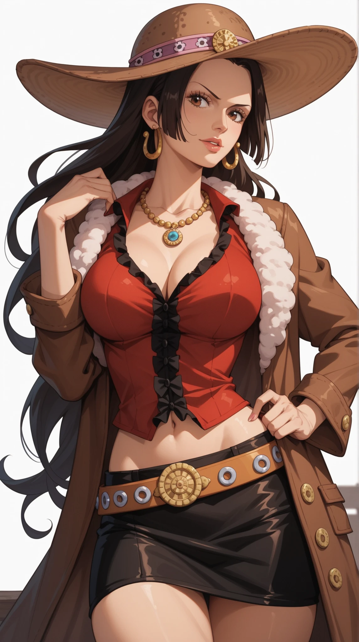 masterpiece, best quality, highres, 1girl, black hair, long hair, purple eyes, necklace, earrings, thighhighs, red bra , blue shorts , cleavage, cowboy shot, standing, hand on hip,