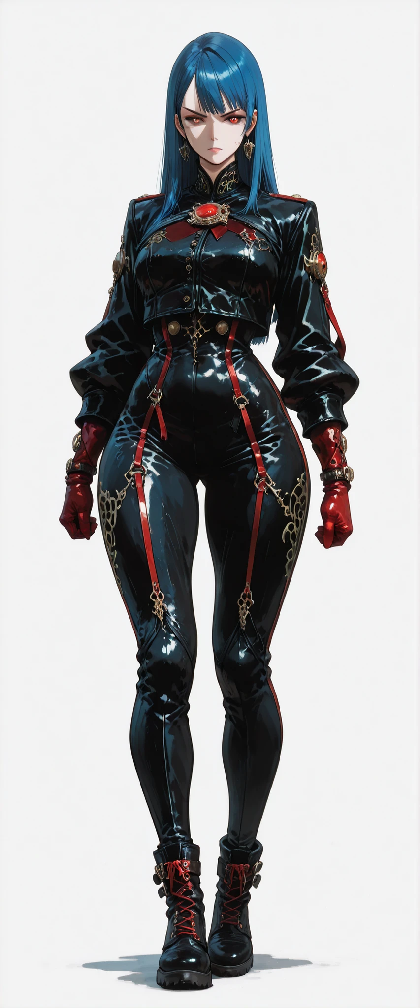 masterpiece, latest, very aesthetic, A very beautiful 28 year old adult woman, sexy body, curves, big legs 'Bayonetta' body style with a mixed oriental face, oriental features, straight hair with two side bangs on the face, cyberpunk style, blue hair and medium length, she is wearing post-apocalyptic cyberpunk style leather clothes, black military clothes, [[Black clothes]] she wears a red leather mini jacket with a high collar, she has military accessories on her legs, couldres, with some futuristic accessories, steampunk clothes, dark fantasy clothes, [[she is wearing combat boots]], anime features similar to the anime 'Vampire Hunter D Bloodlust', , rossdraws 2.0, high quality image, adult style anime, reminiscent of the anime of the 90s. 3 tones, serious look, high resolution, 3 color tones, cell tone, high contrast, no gradient, FRONT VIEW [[[ SHE IS IN THE FRONT]]] , [[Full body]] [[Image showing her entire body from head to toe]] [[Full body]]] , masterpiece, high resolution, anatomically correct, high quality, anime style drawing 'Fatal Fury', anime style drawing 'blade&soul'. anime lines, rendered in the style of the anime 'Vampire hunter D' [[White background]] [[The image is a character presentation, it shows her from the front and also from the side in the same image]]
