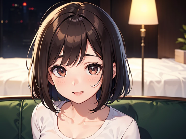 Detailed CG,Ultra-fine illustrations,masterpiece,Highest quality,BREAK(white:1.5)and(Off-the-shoulder blouse)BREAK,Realistic,Real person,RAW Photos,Realistic(青whiteい肌:1.2),Glowing Skin,Shiny Hair,(A 27-year-old woman with medium-length hair and bangs)and(Wavy Hair)and(Brown Hair)and(Orange eyes),(smile:1.3),(Selfie:1.5),(Biologically correct５Finger),The background is the living room,alone