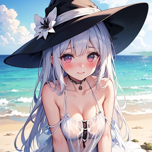 Illustration of an Anime character "Elaina", She is from the anime: "Wandering Witch: The Journey of Elaina", The background is On the beach, and The character only wearing a Bikini, Elaina Illustration, Purple Eyes, White Hair.