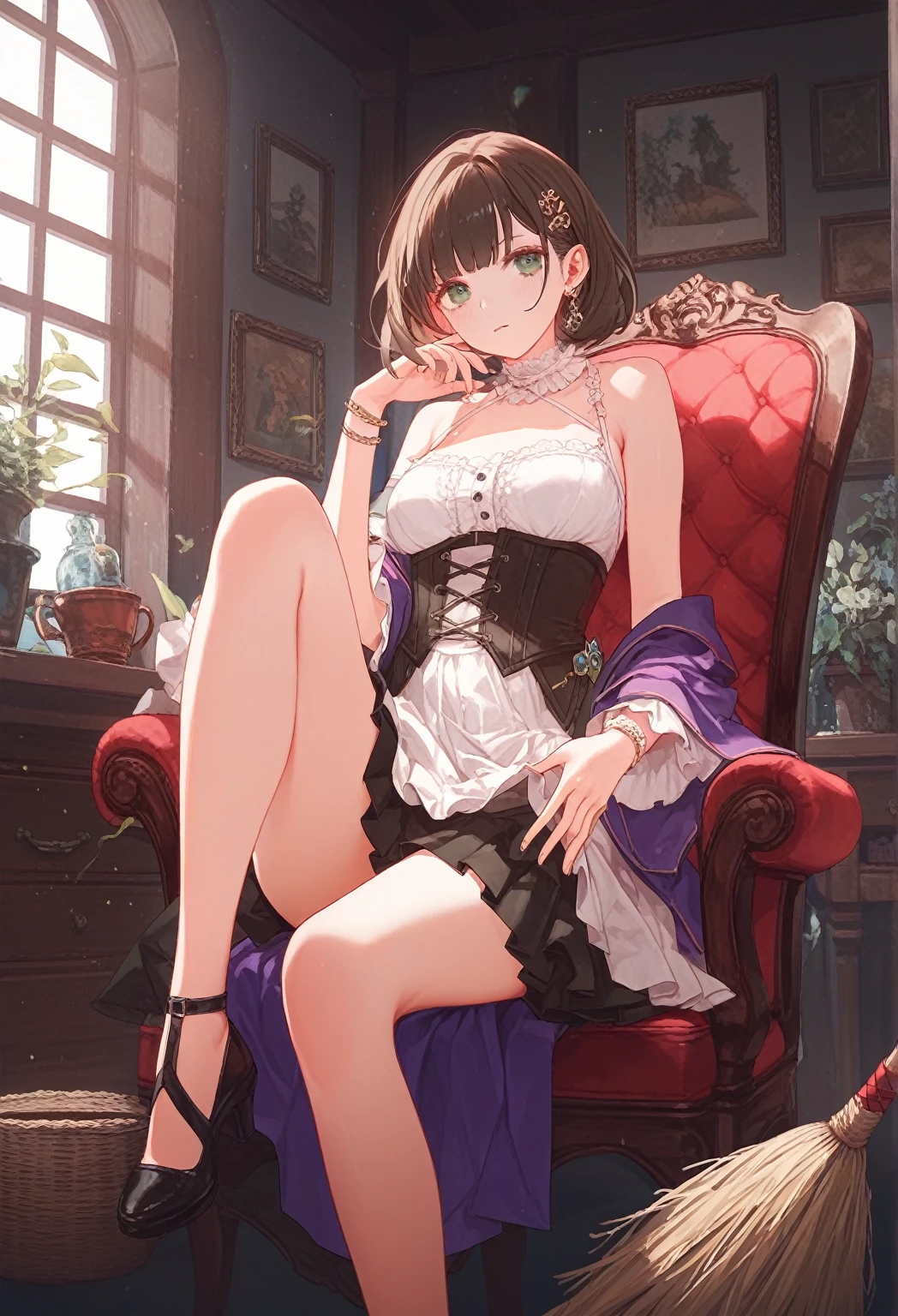 ((((absurdres, RAW photo, extremely delicate and beautiful, masterpiece, Best Quality, ultra high resolution, 32k, hyperrealistic, ultra-detailed)))), in her 20s, very Slim body, narrow waist, very small head, very small face, delicate facial features, beautiful face, beautiful eyes, very huge round tits, medium hair, black hair, wavy hair, tearful mole, earring, full body shot, off-the-shoulder cut top, sofa,