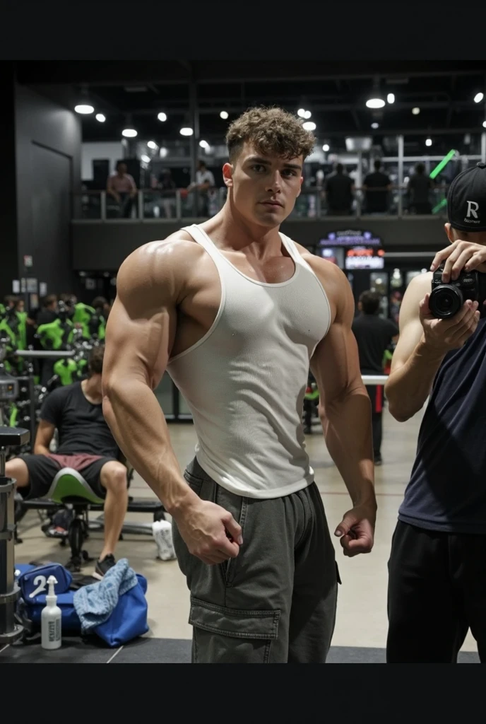Young man standing, flexing in front of pf the camera