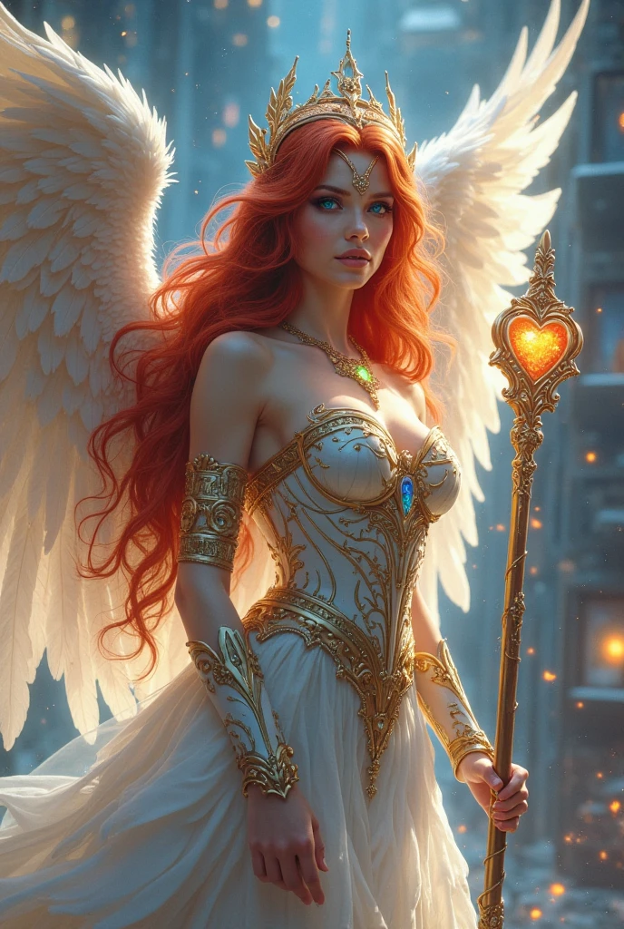 ((full body)), angel in the sky, red hair young woman, angelical body, white and big wings, beams of light background, jungle hair medieval, beautiful ,rpg, beautiful art, little fusion pojatti, realistic, steampunk, fractal isometrics details, bioluminescence: a stunning realistic photograph, awesome,4k, unreal engine, intricate, highly detailed, beautiful lighting, light fog, 8k, trending on Artstation, professional, dramatic, illustration, art by Artgerm and Greg Rutkowski and Alphonse Mucha, award-winning portrait, f/22, symmetrical.