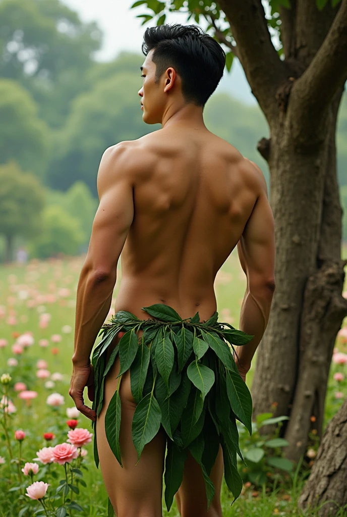 masterpiece,extremely detailed CG unity 8k wallpaper,1 chinese boy, beautiful, realistic, blurry, blurry_background, blurry_foreground, branch, brown_hair, plum blossom, depth_of_field, flower, nose, realistic, solo, only wearing small pink Loincloth , looking at viewer, low angle shot, Realistic, naked, nude, perfect , white skin male , correct male scrotum, perfect scrotum, male structure, correct male genitelia, huge male genitelia, hide male genitelia with one hand, handsome man, frontage, Intricate details,
