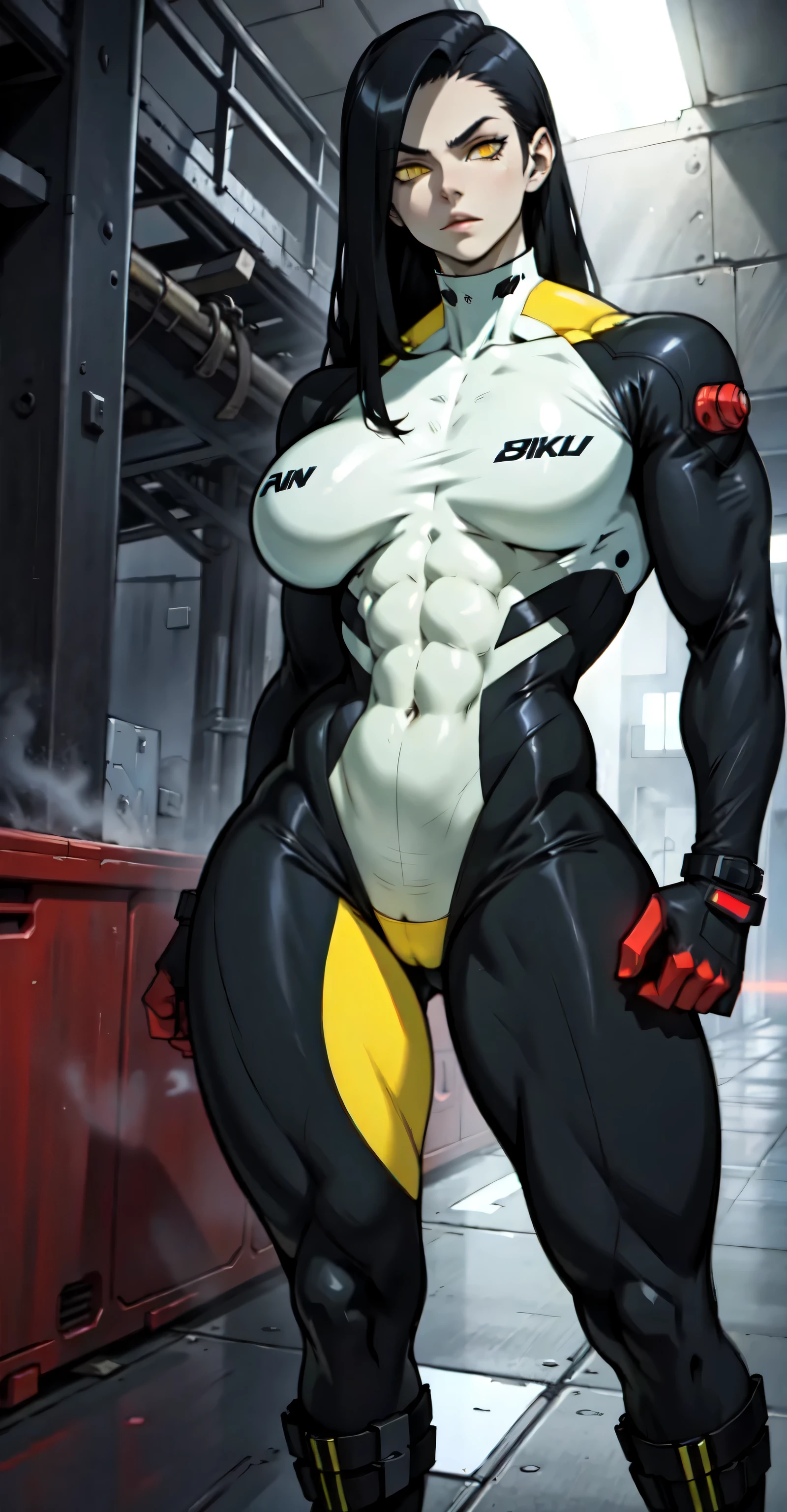 (((muscular girl toned body huge breasts))) pale skin black hair yellow eyes angry blush bodysuit bodysuit bodysuit perfect anatomy perfect anatomy perfect anatomy perfect anatomy