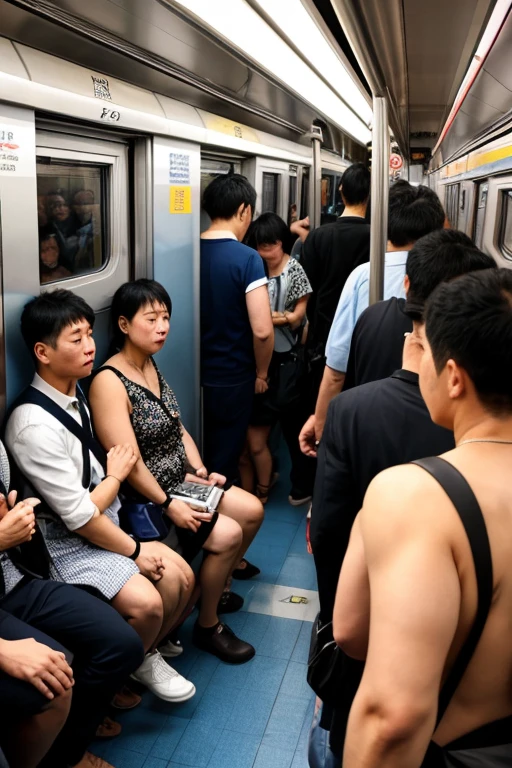 on the train、左Has bandages on his legs、Fat uncle、diabetes、patient、barefoot、on crutches、Has bandages on his legs