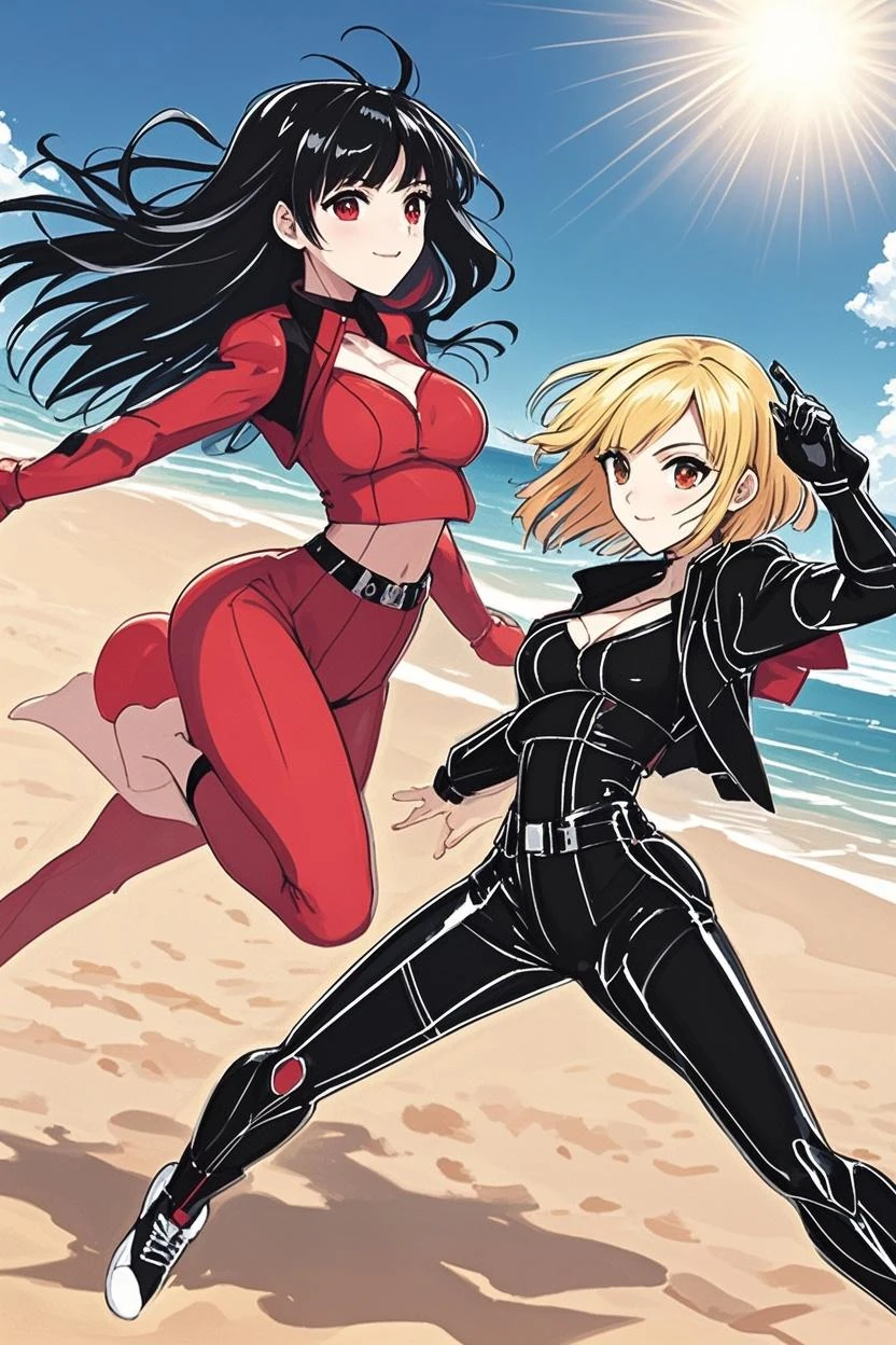 アニメ cel-shading (female (amazones)), muscle, on the beach in ((anime + manga + comics + cartoon) style)