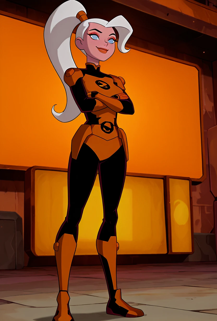 1girl, score_9, score_8_up, score_7_up, masterpiece, high quality, western cartoon, neon lighting, very detailed, depth of field, cinematic illumination, volumetric lighting, full color picture, vibrant colors, solo, alone,
1girl, TriG, dark skin, OTG, orange hair, short hair, orange eyes, orange lips, orange earrings, orange crop top, white elbow gloves, belt, gold buckle on belt, midriff, orange skirt, white thighhighs, white boots, gold ring, zettai ryouiki, makeup, miniskirt,
standing, facing forward, full body, standing, happy, smiling, dynamic, looking at viewer, spaceship interior,