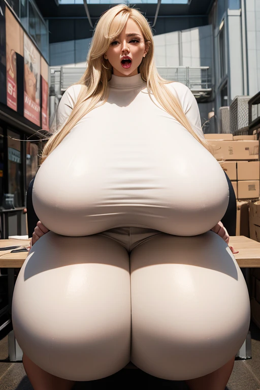 Solo, 1girl, age22, NSFW, Long hair, Colossal breasts, Looking at Viewer, blonde hair, Bare shoulders, Brown eyes, jewelry, Full body, tight black micro skirt, tight black pantyhose, necklace, off the shoulders sexy black sweater, Realistic, curvy, sexy, absurdly wide hips, thick plump thighs, huge round natural ass, enormous huge natural breasts, deep cleavage, Big lips, mature mom, sexy Milf, detailed fingers, accurate fingers