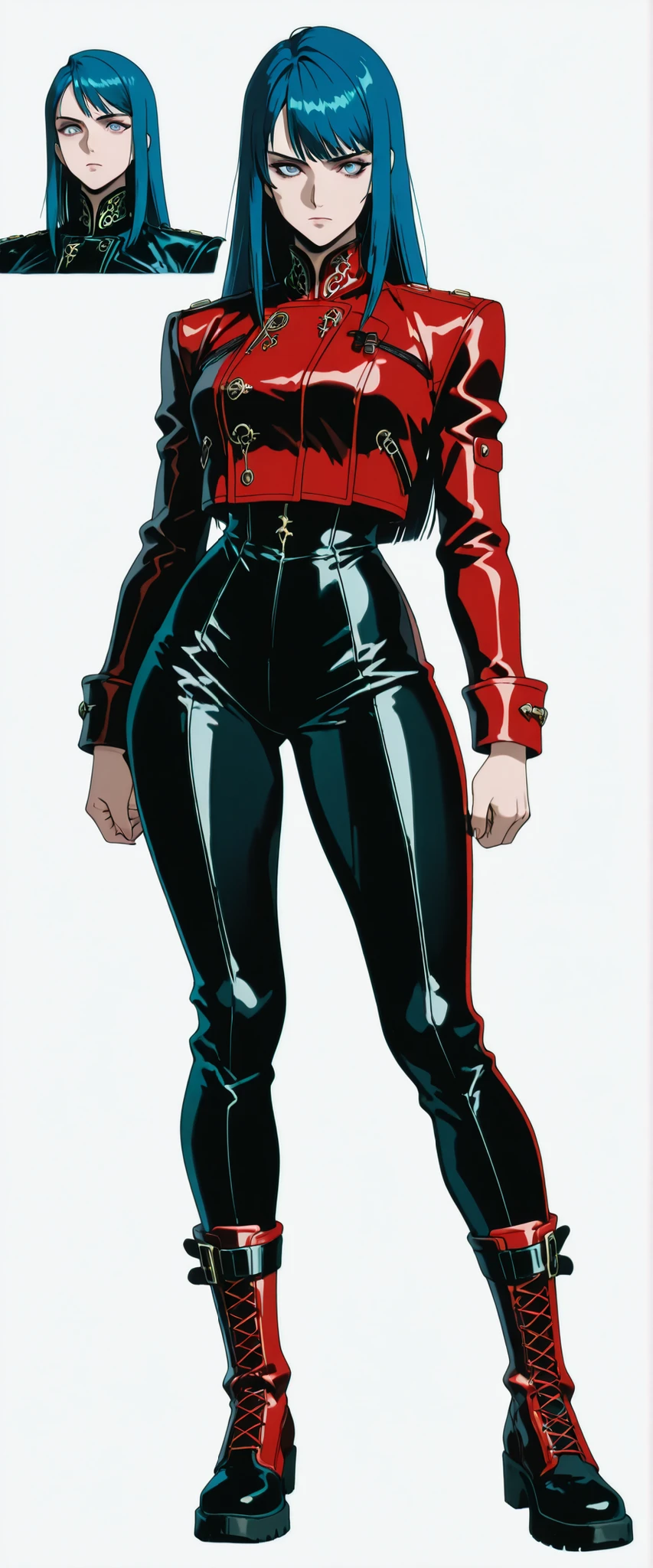 masterpiece, latest, very aesthetic, A very beautiful 28 year old adult woman, sexy body, curves, big legs 'Bayonetta' body style with a mixed oriental face, oriental features, straight hair with two side bangs on the face, cyberpunk style, blue hair and medium length, she is wearing post-apocalyptic cyberpunk style leather clothes, black military clothes, [[Black clothes]] she wears a red leather mini jacket with a high collar, she has military accessories on her legs, couldres, with some futuristic accessories, steampunk clothes, dark fantasy clothes, [[she is wearing combat boots]], anime features similar to the anime 'Vampire Hunter D Bloodlust', , rossdraws 2.0, high quality image, adult style anime, reminiscent of the anime of the 90s. 3 tones, serious look, high resolution, 3 color tones, cell tone, high contrast, no gradient, FRONT VIEW [[[ SHE IS IN THE FRONT]]] , [[Full body]] [[Image showing her entire body from head to toe]] [[Full body]]] , masterpiece, high resolution, anatomically correct, high quality, anime style drawing 'Fatal Fury', anime style drawing 'blade&soul'. anime lines, rendered in the style of the anime 'Vampire hunter D' [[White background]] [[The image is a character presentation, it shows her from the front and also from the side in the same image]]
