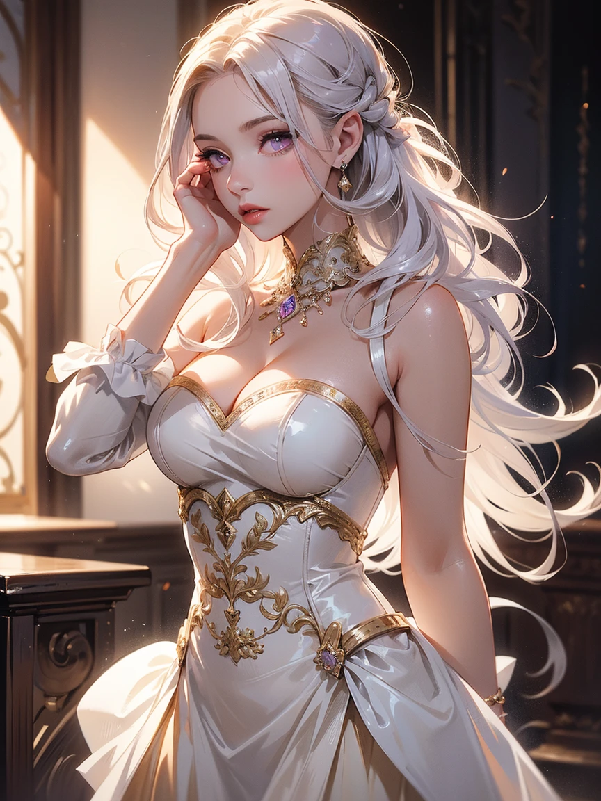 Master piece,best quality,ultra-detailed,high resolution,octane render,The overall image is of high quality, with a resolution of 8k.intricate details,absurdres,ultra hires,cute and beautiful girl,valkyrie,(1 girl),bishojyo,beautiful face,seductive young girl,female focus,full body,(perfect body),cool,kawaii,Her face is extremely detailed and expressive.kawaii,the girl exudes confidence and elegance,Her pose and expression convey a sense of empowerment and strength.blonde hair,single braid,shining glossy hair;1.4,neat hairstyle,white hair ribbon,She has long eyelashes that add to her captivating appearance,(wide eyes,big bright green eyes,enchanting bright eyes studded with gold and silver dust,(finely detailed beautiful eyes),wet crystal eyes),symmetrical eyes,large highlighted eyes,pale eyes,forehead,light Red eyeshadow,highly detailed face and hair,a well-defined nose,pinky skin,glowing and smooth skin,faint lips,(plump lips,parted_lips),seductive and confident smile,standing,holding skirt hem with both hands,open mouth,pointy breasts,(very puffy soft breasts),{((perfect hand,hands with perfect five fingers,two beautiful perfectly shaped arms and legs,perfect anatomy:1.3))},(fancy white see-through_dress,fancy lace skirt,expensive,craftsmanship embroidery),Tiara on the head,(white side-tie panties),garter belt,Stockings,bare shoulders,expensive,allure pose,black Choker with chains,bracelet with chains,silver earrings,Blushing face,emphasizing her facial expression and beautiful body lines,dynamic angle,from below,sweat,perspired,steam,wet,fantasy,creating a visually stunning effect,adding to the overall appeal,excited expression towards the camera,psychedelic,in Misty Lake with Magical Mist,full body