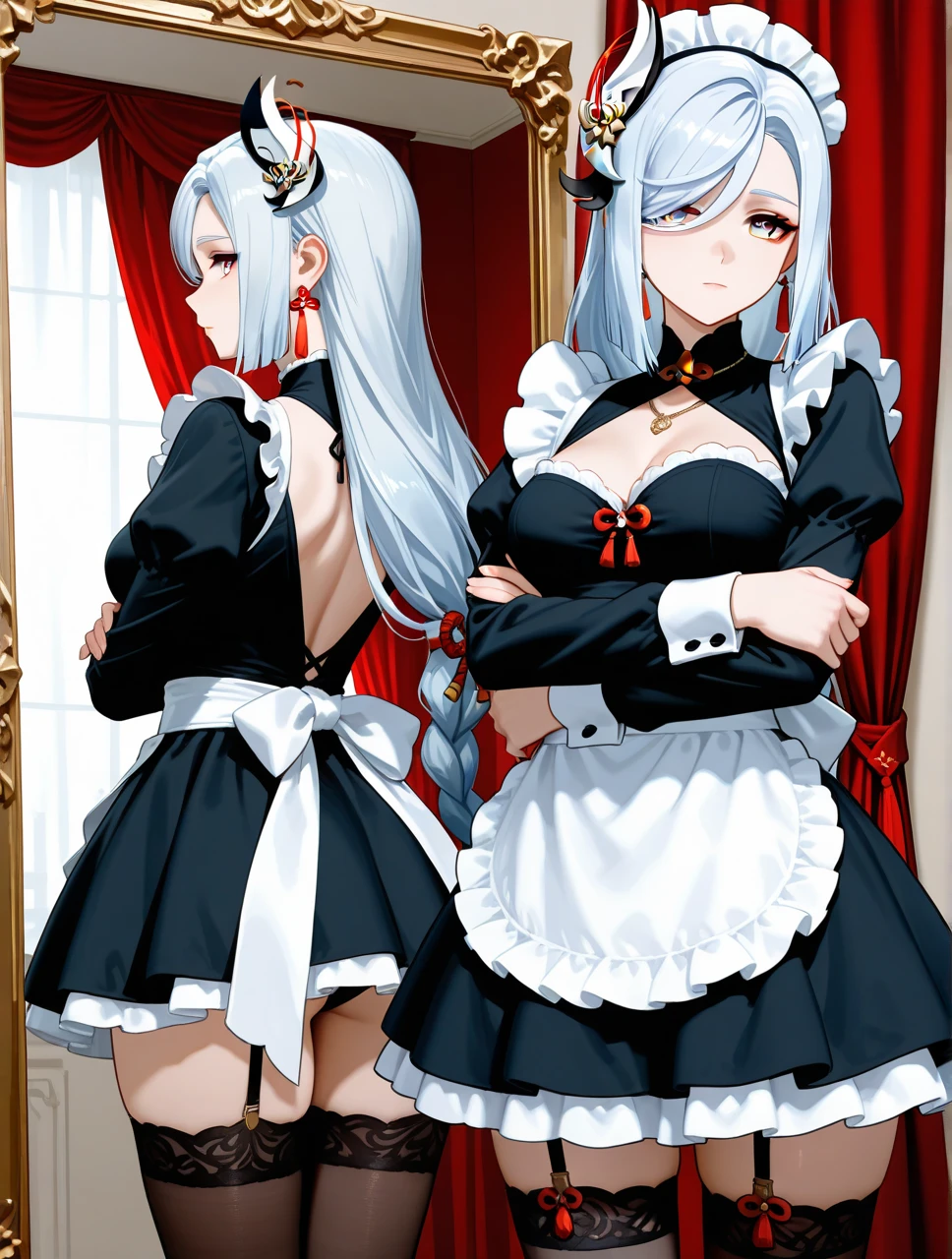 Naughty Rullyne ,smooth tits, black dress, bonnet, bow, dress, frilled dress, frills, large bow, long sleeves, vampire, grey hair, long hair, red eyes, silver hair, makeup, solo, medium tits, super climax eyes, sexy mouth, multiple views