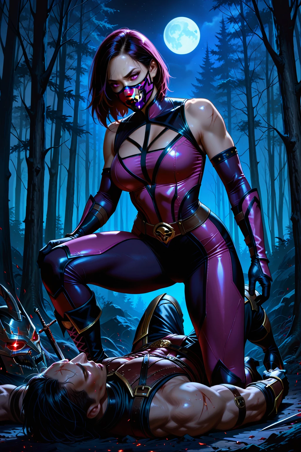 Psylocke , solo, best quality, sky, field, grass, akali, looking at viewer, league of legends, highres, Psylocke , abs, arm tattoo, bangs, blouse, breasts, green shirt, hair between eyes, hip vent, long bangs, long hair, mask, midriff, ninja, ponytail, rope belt, belt pouch, shirt, solo, stomach tattoo, tattoo, symbiote, bodysuit,
