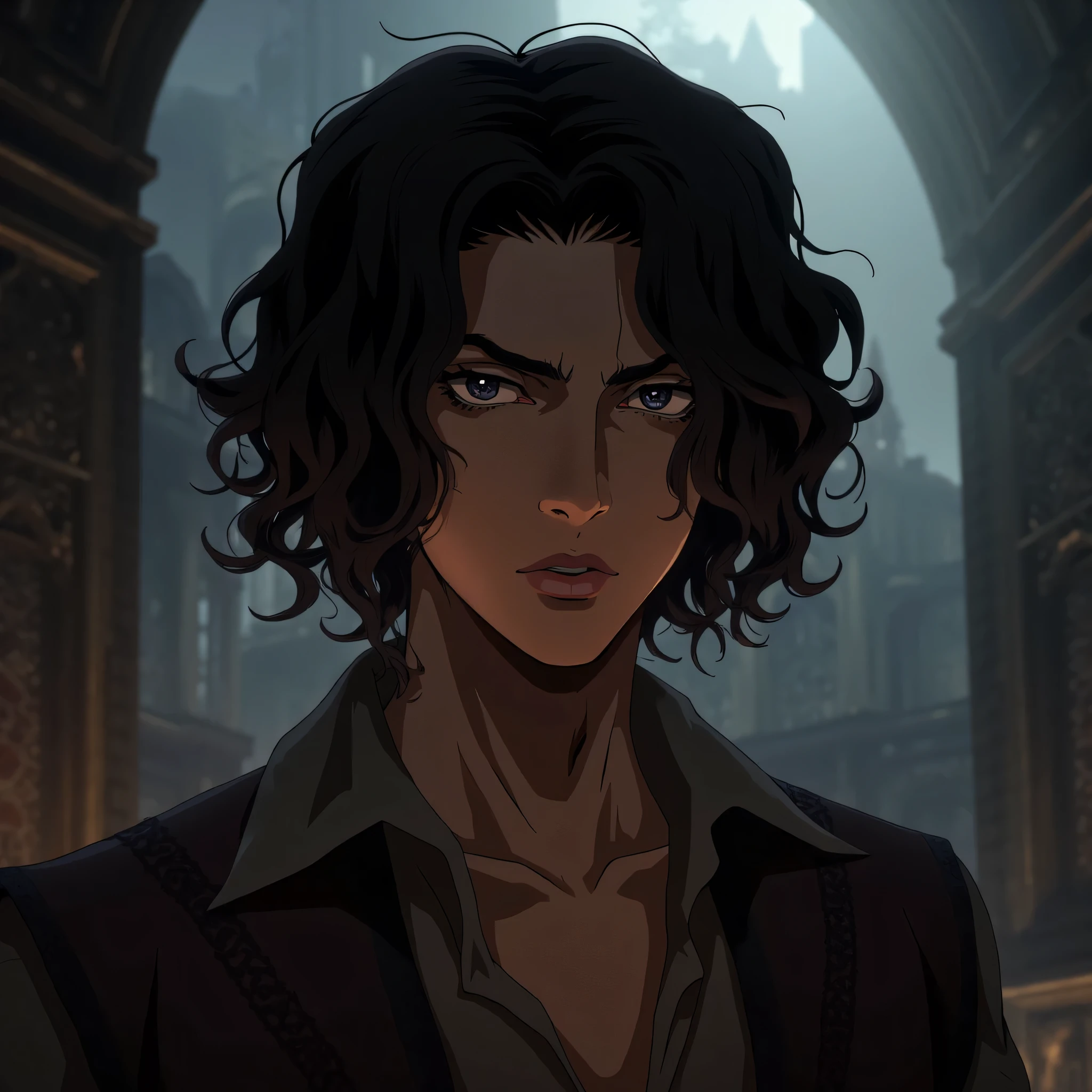 Young Leonardo da vinci in the castlevania nocturne netflix art style, castlevania netflix screenshot, scene from the anime, handsome pretty boy, dark hair and dark eyes, wearing a 1792 french revolution style shirt, slightly unbuttoned, masterpiece, very detailed, 8k, detailed hair and eyes, young, androgynous, pretty, curly hair, clean shaven face, vampire