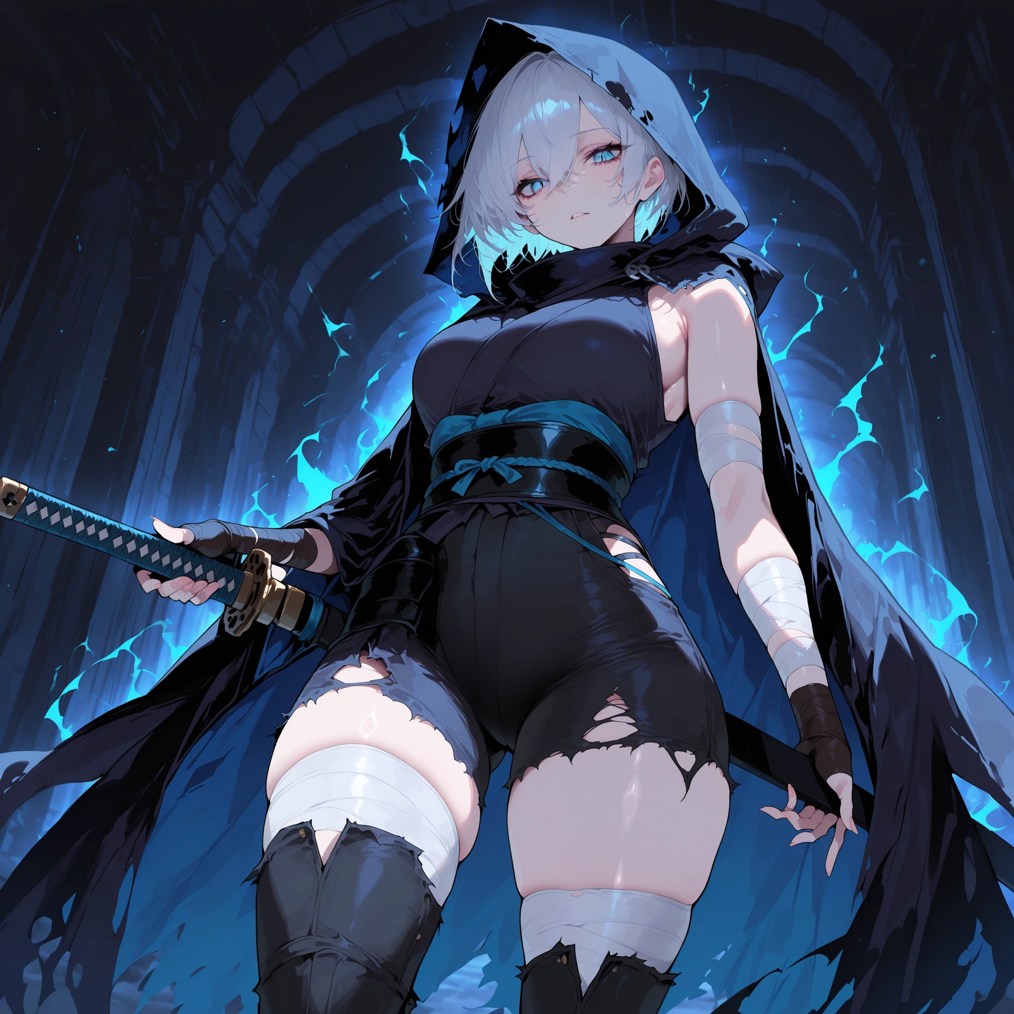 masterpiece, best quality, absurdres, newest, very aesthetic, amazing quality,highres,sensitive, highres, ultra detailed, best anatomy, HDR, 8K, high detail RAW color art, high contrast, ray tracing, realistic shading, (cinematic lighting), glistening, perfect eyes, (detailed face, beautiful detailed eyes, perfect body),
1girl, short hair, blue eyes, hooded cloak, elbow-length fingerless bandaged arms, thigh high bandaged legwear, black short, katana, scarred skin, samurai, dark fantasy, dark background, blue aura, black torn pants, kimono, sleeveless