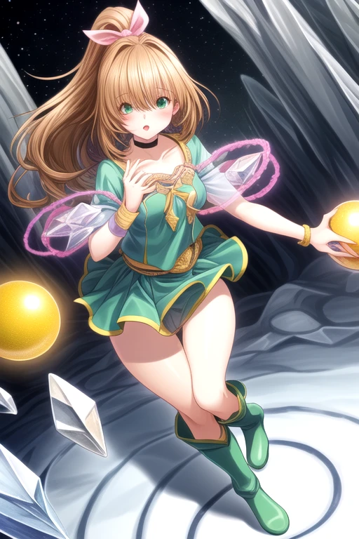 detailed illustration, dynamic angle, ultra-detailed, illustration, 1girl, 18, cosmic, stars, space, magic, Magic Girl, dark green outfit, bright eyes, green eyes, detailed eyes, shy, soft smile, timid, blush, cleavage, very large breasts, thin, , thighs, shoulders, long brown hair