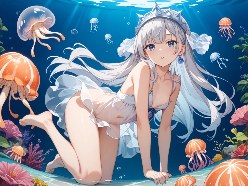 (white)、 (NOD)、(five fingers),(beautiful fingers),(beautiful hands)、(EnvyBetterHands, QuickHand),(angled, sharp, edgy, piercing, fierce)、(White bunny suit、Fishnet tights、Navel、tie、Silver Hair、bunny girl 、white bunnysuit 、playboy bunny),(slanted eyes),(Straight bangs), (Bran、Silver Hair, Long Hair, Cleavage cutout, smile, Watching the audience),(sexy pose),(Straight Hair:1.5),(big eyes:1.6), ,Drunk,(tilt one's head:1.3),,(very long hair:1.5)(smile:1.5),((blush)),((,looking at viewer:1.2)),((Small face)),(yellow eyes:1.5),,((contrasted:1.5)), ((best quality, masterpiece,,Highest quality、High resolution,8k,ultra-detailed face,アニメ,ultra-detailed hands,ultra-detailed fingers,ultra-detailed eyes, ,ultra-detailed hair, shiny skin, Silky Pale White, ultra detailed and beautiful, Model Pose)),,(large breasts:1.5),((Beach Background,Water background)),(Very soft skin),(Half-closed eyes),(Anime painting),(wariza),(Use of strong primary colors),(Narrow waist)(Small waist),(eight-headed body)(Five Fingers),(Very detailed),(Delicate body),(Non-shoulder),(Sleeveless),(Perfect Anatomy),(Cowboy Shot),(sweat)(we have:1.1),(eight-headed body),(well-proportioned)、(lie down)、(from side),(in water:1.4),Ocean,School of small fish,Light,bubble,jellyfish,Ocean algae,Red fish,Yellow fish,Deep Ocean,fantasy,Ocean bottom,float,(underwater city:1.4),smile:1.3,(white stockings)、